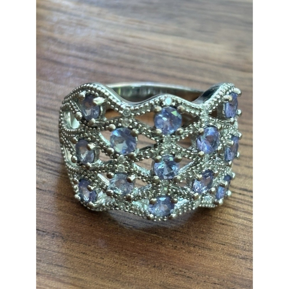 JS 925 STERLING SILVER PURPLE TANZANITE CLUSTER BAND RING SIZE 7.25